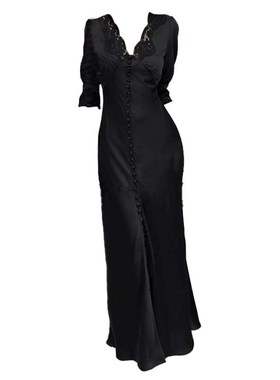 大码胖妹妹蕾丝vj领黑色连衣裙女夏季新款气质御姐收腰开叉长裙子