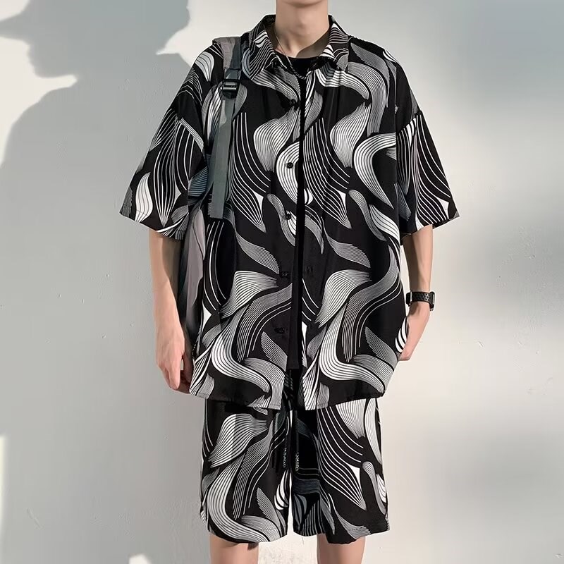 水墨冰丝休闲运动套装情侣海边度假穿搭一整套中国风花衬衫短袖男