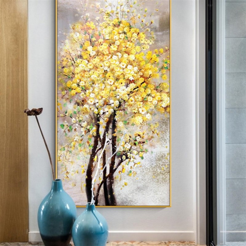 手绘油画入户玄关装饰画现代轻奢发财H树挂画楼梯过道走廊尽头壁图片