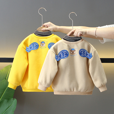 男童加绒加厚卫衣秋冬2024新款洋气G儿童冬装上衣女宝宝高领打底