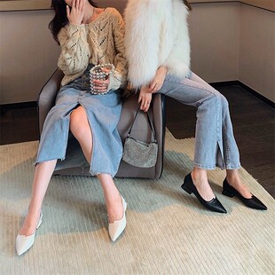 999-3 惠东女鞋韩版尖头真皮软底粗跟矮跟鞋女低跟两穿法式单鞋女