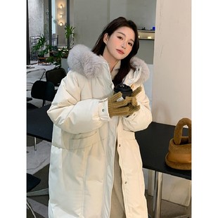 300斤大码胖mm杏色大毛领羽绒棉服女冬季韩版加厚保暖中长款外套