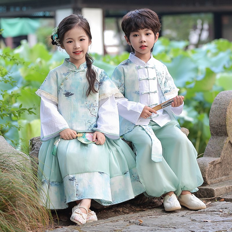 儿童汉服中秋国庆表演服男女孩春秋古风唐装兄妹装新中式国风套装