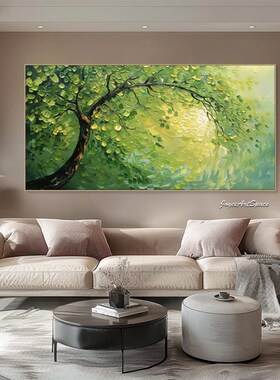 大芬村手绘油画抽象绿色发财树肌理客厅装饰画横版办公室立体挂画