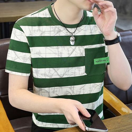 短袖T恤男夏季薄款棉o质汗衫时尚条纹潮流男装圆领口袋宽松半袖男