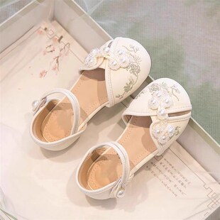 中式 真皮女童凉鞋 儿z童公主汉服鞋 2025新款 绣花软底包头沙滩 夏季