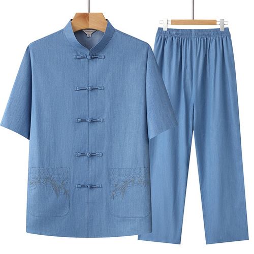 中国风唐装男中老年爸爸短袖套装B父亲节牛仔薄款老人T恤衬衫褂子