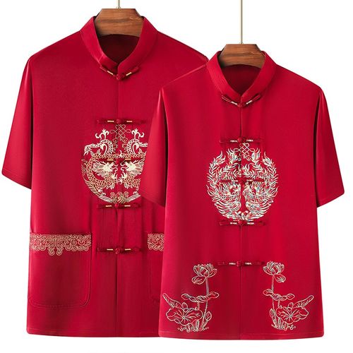 夏季中老年唐装男女短袖情侣套装A真丝夏装爸妈装老人生日过寿上