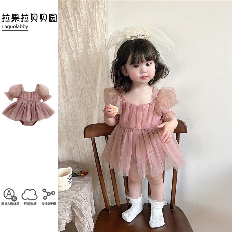 25女童宝宝g衣服夏装新款婴童百天周岁礼服裙泡泡袖网纱公主包屁