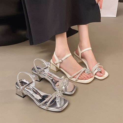 复古银色粗跟凉拖仙女鞋配裙子高跟鞋春夏新款法S式水钻一字带凉