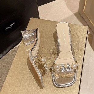 绝美透明水晶高跟凉鞋 晚风半拖仙女配裙子水钻凉 拖女v夏外穿法式