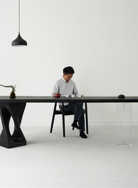 新中式碳化黑色实木茶桌家用茶台侘寂风白蜡木大板桌办.公会客桌