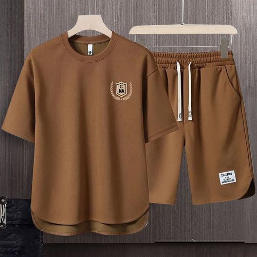 休闲简约印花圆领短袖短裤t高品质套装男士宽松百搭睡衣一套1/2件