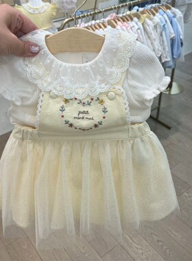 韩国童装 25夏女童宝蕾丝翻领泡泡袖T恤 时O尚洋气黄色背带裙套装