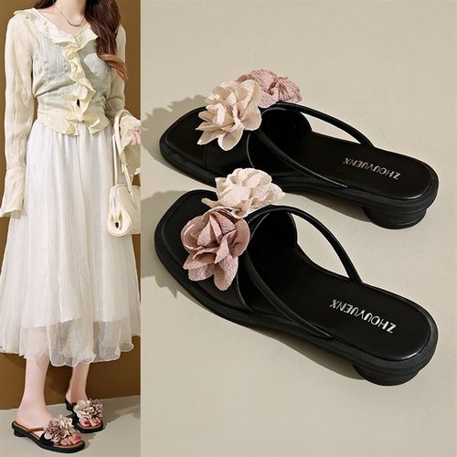 凉鞋女夏季外穿2025新款平底配裙子洋气时N尚仙女风花朵女凉拖鞋