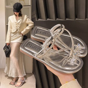 配裙子Z爆款 银色法式 夏外穿2025新款 女款 凉拖 仙女风一字防滑拖鞋