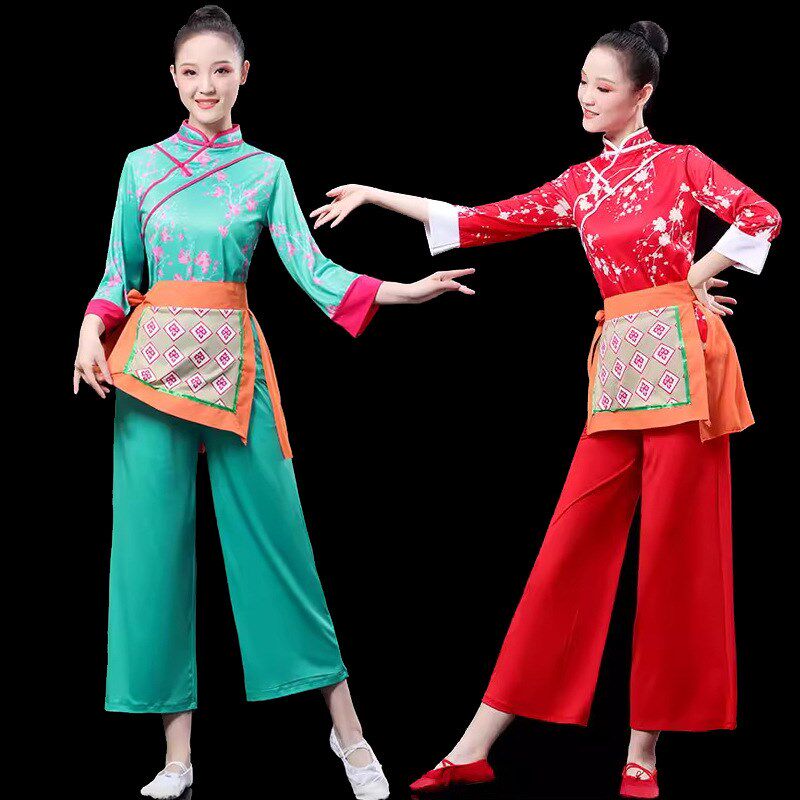莓茶姑娘爽门亮i广场舞服装套装春夏采茶舞斗笠舞蹈服装大妈演出
