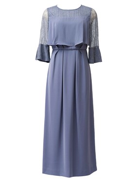 219日单蕾丝拼接连衣裙晚礼服74523韩版圆领喇叭中袖气质修身长裙