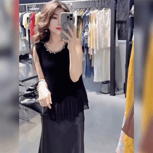 黑色圆领上衣 无袖 雪纺纱拼丝绒背心kT恤背心女荷叶边砍袖 娃娃小衫