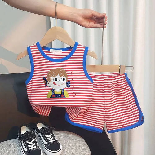 儿童条纹背心套装姐弟装男童女童宝宝夏季女M孩运动洋气两件套潮