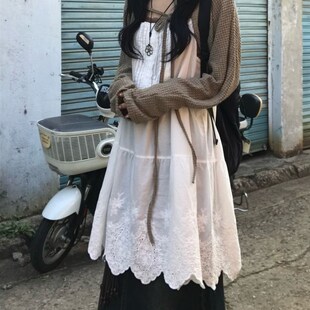 夏日小记 日系学院风甜美奶油白色内搭裙 少女蕾丝花边连衣裙