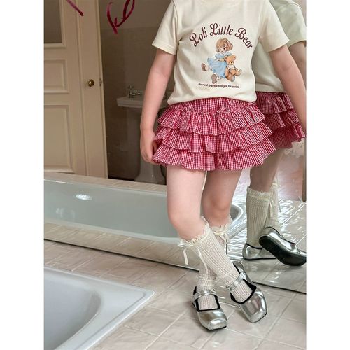 女童甜美风百褶半身裙儿r童洋气可爱层次感蛋糕格子小短裙25C156
