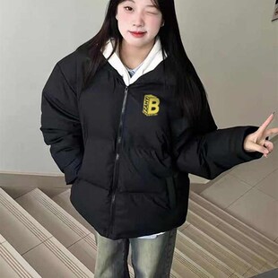黑色立领羽绒棉服女2025冬季新款大童初中高中学生宽松面包服外套