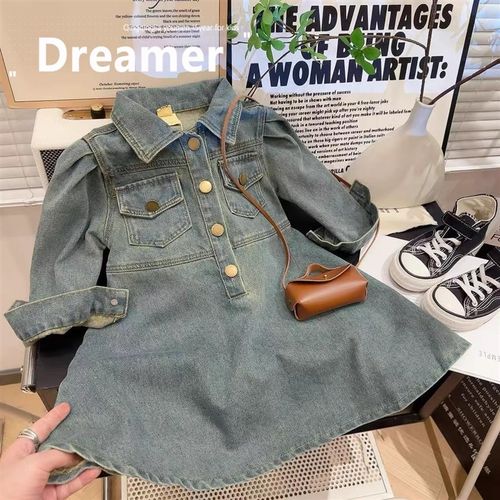 女童气质复古收腰k牛仔裙2025春季新款韩版儿童长袖翻领休闲公主