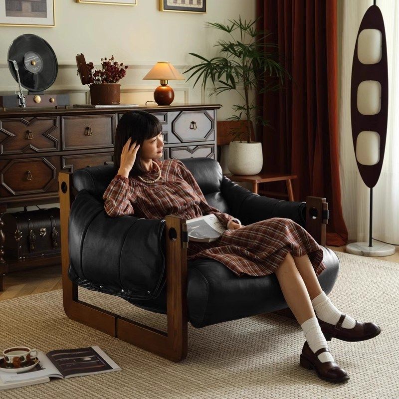 单人沙发椅泽西岛椅客厅中古风皮沙发椅子休闲懒人椅实木复古躺椅,住宅家具,沙发椅,淘宝优惠券,粉丝福利购,淘宝优惠卷