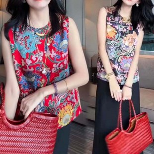 唐装 中式 背心女25夏新款 外搭背心高q级感花色砍袖 马夹T恤 国风无袖
