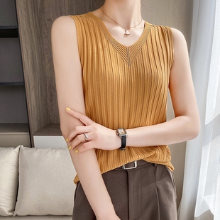 上衣打底T恤吊带衫 短款 内搭外穿 针织背心女V领套头v修身 冰丝无袖