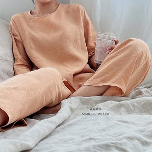 半袖 宽松春秋款 长裤 圆领睡衣套装 家居服 套头夏季 细纱支纯亚麻