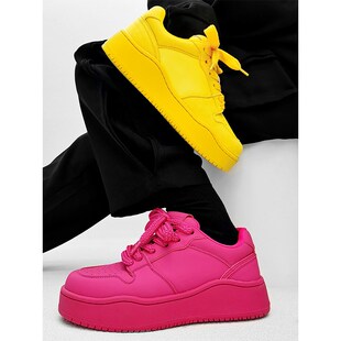 女情侣百搭休闲小白鞋 玫红色厚底板鞋 男小众高级感黄色增高面包鞋