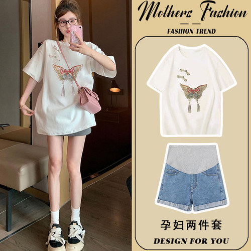 孕妇套装夏季2024新款宽松刺绣薄款短袖时尚上衣牛仔短裤两件套女