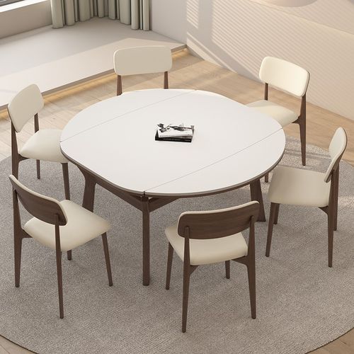 实木可伸缩岩板餐桌可变圆桌家用小户型侘寂中古风高端原木饭桌子