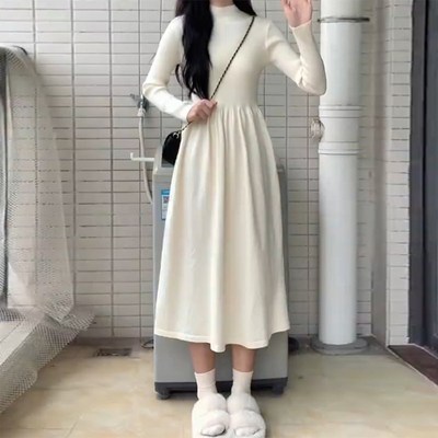 秋冬白色过膝h长裙针织连衣裙子女新款大衣内搭打底中长款毛衣裙