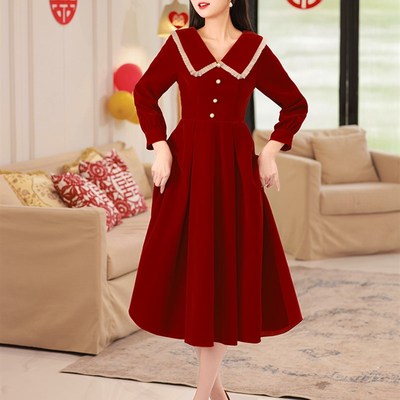 新娘长袖平时可穿孕妇遮肚子小个子订婚红色礼服R连衣裙聚会敬酒