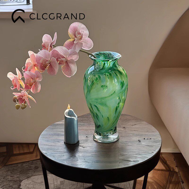 高级感珠光翠波玻璃花瓶摆件法式复古水养插花花器酒店样板间摆设