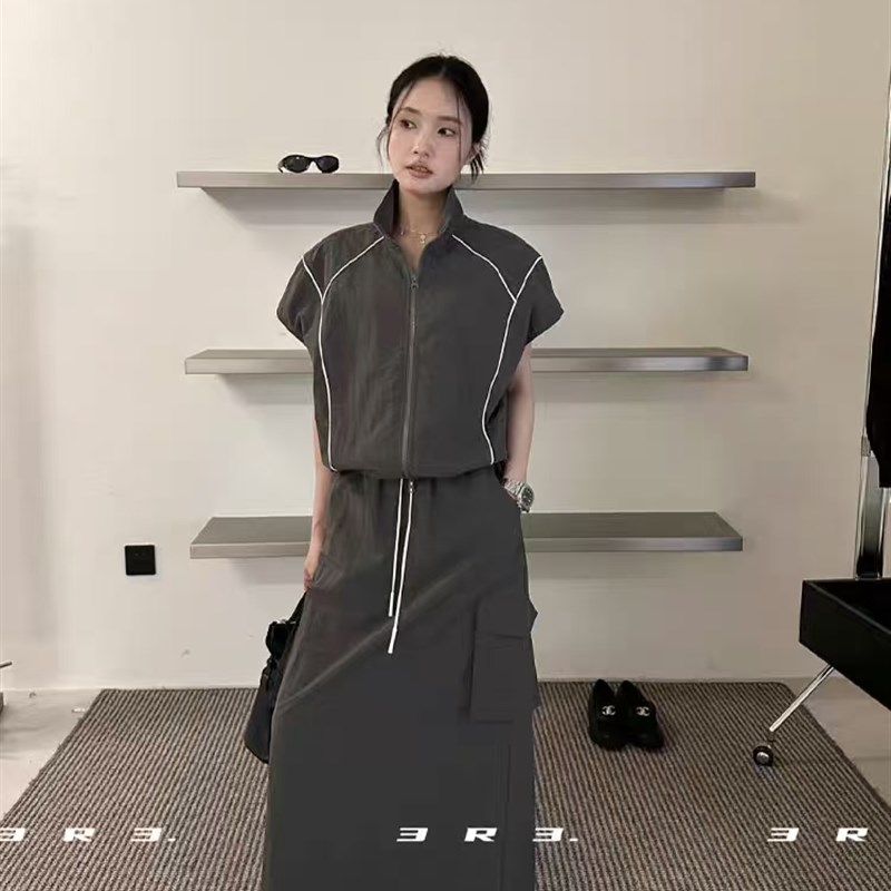 2025夏季新款时尚套装女立领拉链短袖外套+半身裙工装两件套女潮,女装/女士精品,时尚套装,淘宝优惠券,粉丝福利购,淘宝优惠卷