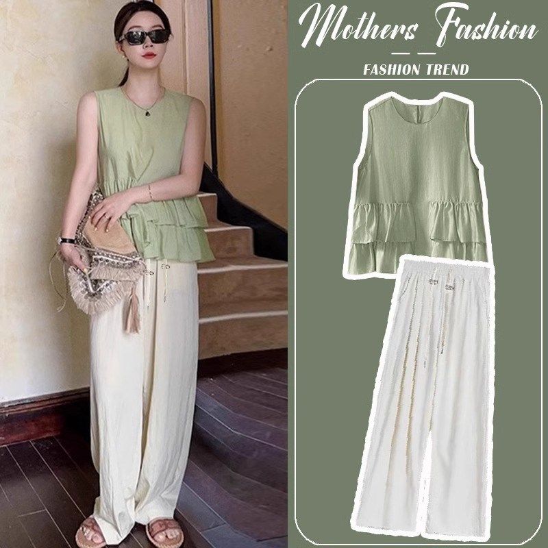 孕妇套装夏季2025新款韩系荷叶边拼接无袖上衣宽松阔腿裤两件套女