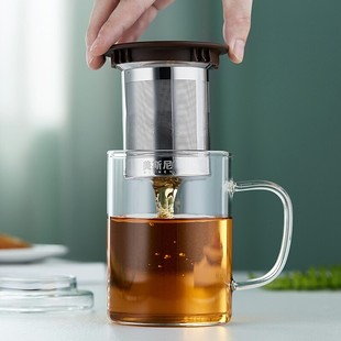 玻璃杯带把大容量过滤透明喝水杯家用带盖男女办公茶X水分离泡茶