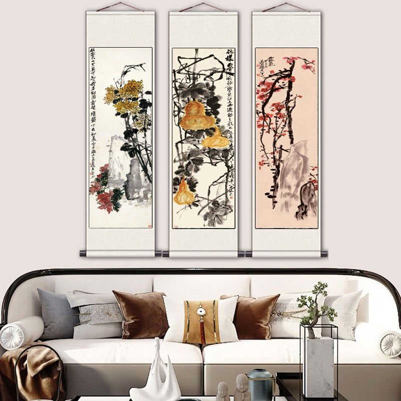 吴昌硕鸟挂画石榴琵琶松树细长家居装饰画梅兰竹菊茶楼壁画名家