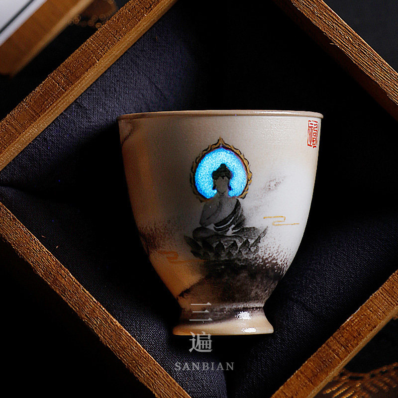 手绘敦煌文创壁画手工拉坯茶杯手绘岩矿杯复古品茗杯粗陶柴烧