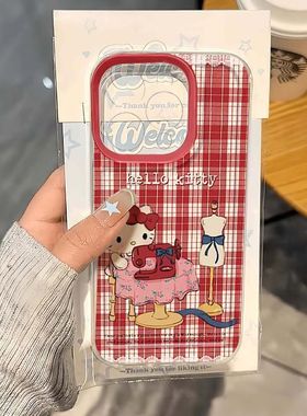 红格KT猫红色格子适用iPhone苹果17pro手机壳时尚16/15plus/12promax/14/13/11小米vivo华为oppo高级感保护套