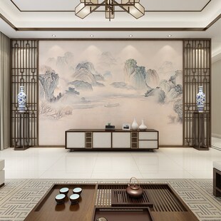 电视影视墙布意境客厅沙发办公室墙纸 意境山水背景墙壁画古典中式