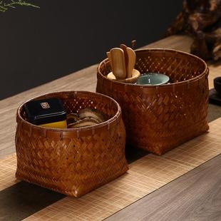 纯手工竹编圆形杂物筐竹制家用茶几桌面复古收纳筐精编竹篓储物盒
