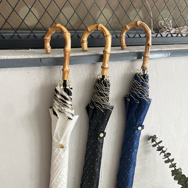 竹柄日系小清新晴雨两用黑胶小长柄伞少女S防晒小号遮阳伞
