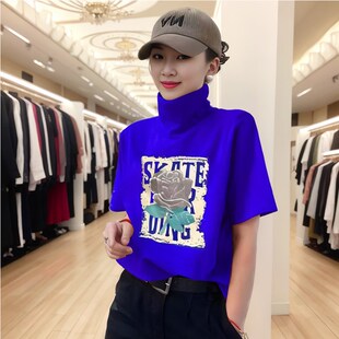 高领T恤女夏季新款个性显瘦潮流网红气休P闲玫瑰印花女打底衫