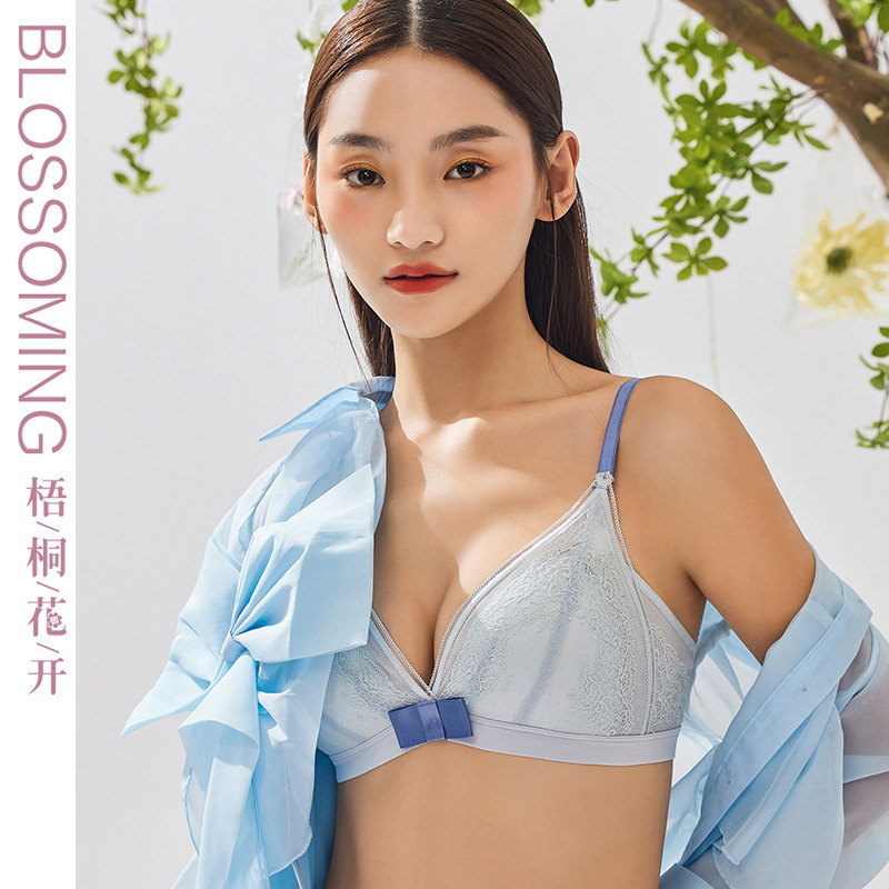 梧桐法式内衣女夏季薄杯款无钢圈文胸三角杯大胸U显小胸蕾丝胸罩
