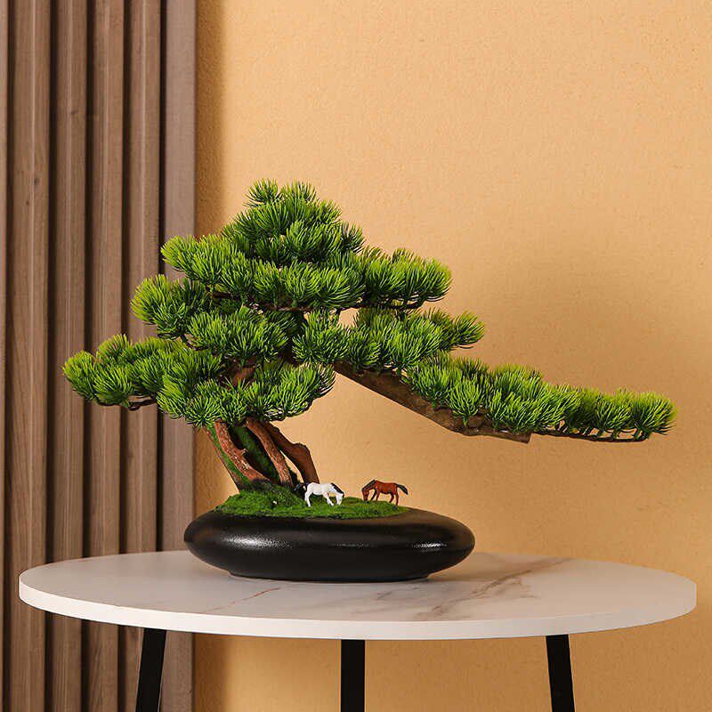 仿真迎客松盆景办公室客厅会议室养E生馆展架中式装饰玄关绿植摆